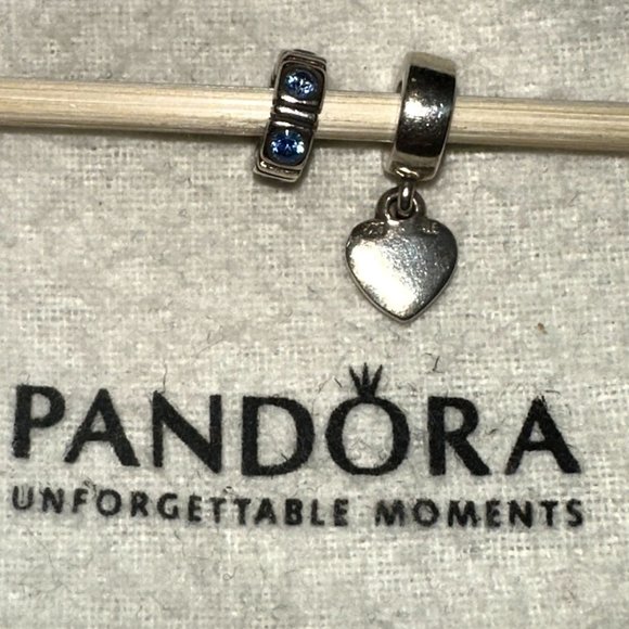 (2) Authentic Pandora Charm Spacers Blue CZ Stones Dangle Heart Sliver 925 ALE - Picture 3 of 7